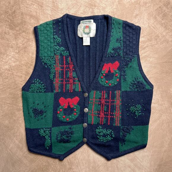 Vintage 90s Christopher & Banks Hand Embroidered Holiday Sweater Vest Christmas - Picture 1 of 6